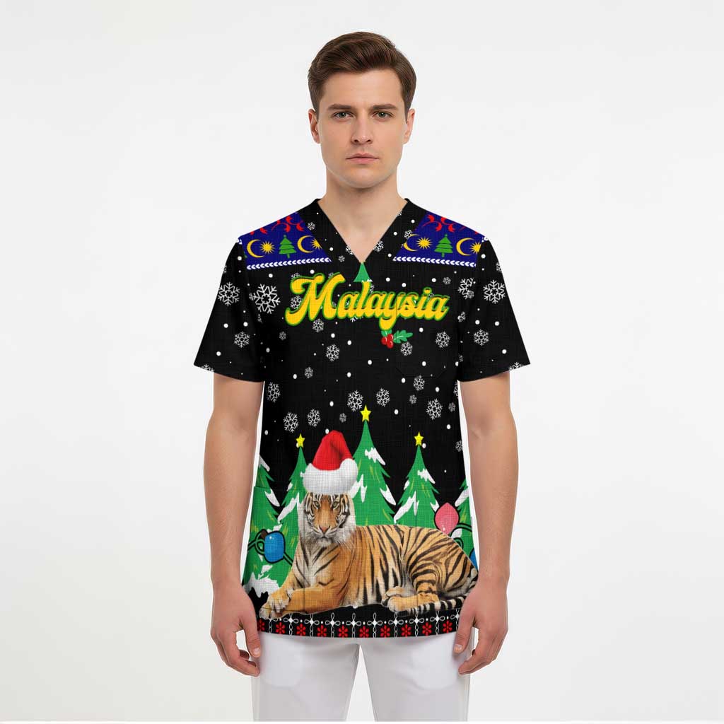 Malaysia Christmas Scrub Top with Tiger Santa Hat Snowflakes and Holiday Tree Pattern - Wonder Print Shop