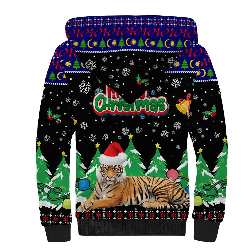 Malaysia Christmas Sherpa Hoodie with Tiger Santa Hat Snowflakes and Holiday Tree Pattern - Wonder Print Shop