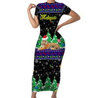Malaysia Christmas Short Sleeve Bodycon Dress with Tiger Santa Hat Snowflakes and Holiday Tree Pattern - Wonder Print Shop