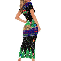 Malaysia Christmas Short Sleeve Bodycon Dress with Tiger Santa Hat Snowflakes and Holiday Tree Pattern - Wonder Print Shop