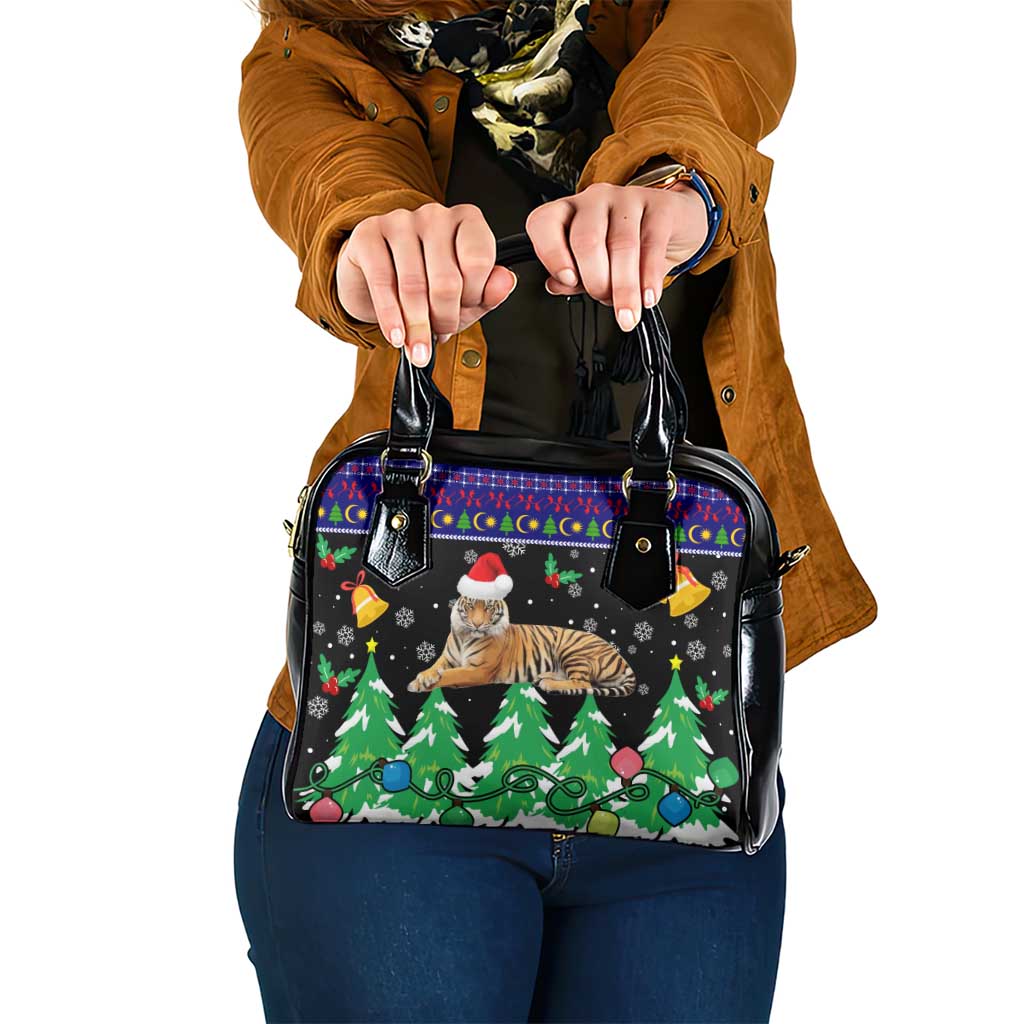 Malaysia Christmas Shoulder Handbag with Tiger Santa Hat Snowflakes and Holiday Tree Pattern - Wonder Print Shop