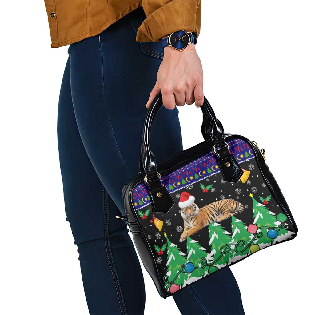 Malaysia Christmas Shoulder Handbag with Tiger Santa Hat Snowflakes and Holiday Tree Pattern - Wonder Print Shop