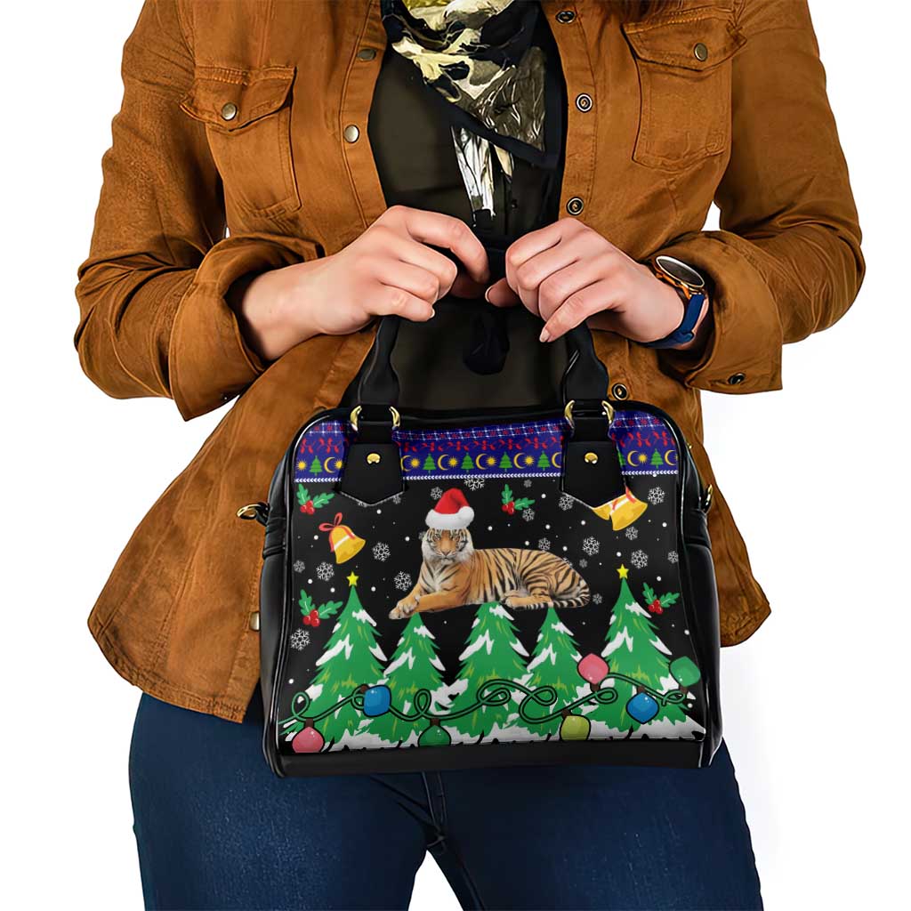 Malaysia Christmas Shoulder Handbag with Tiger Santa Hat Snowflakes and Holiday Tree Pattern - Wonder Print Shop