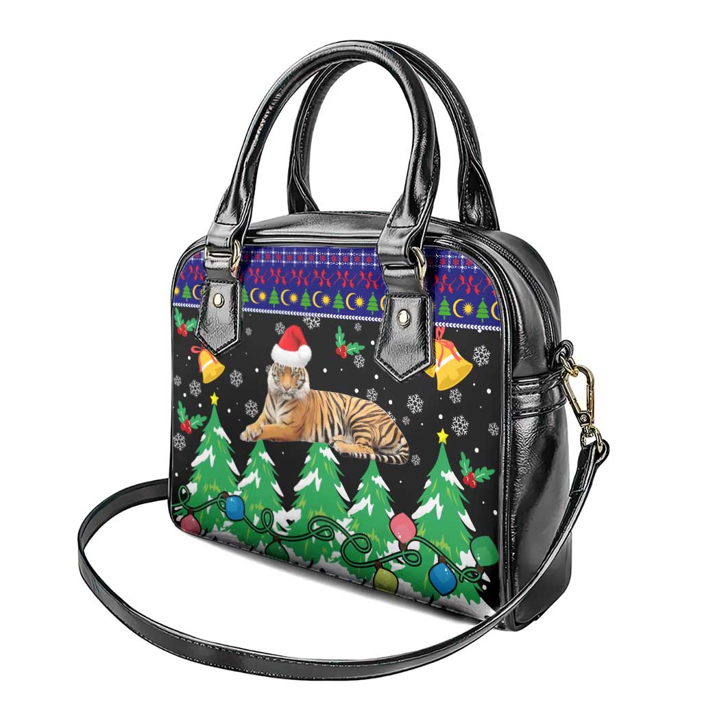 Malaysia Christmas Shoulder Handbag with Tiger Santa Hat Snowflakes and Holiday Tree Pattern - Wonder Print Shop