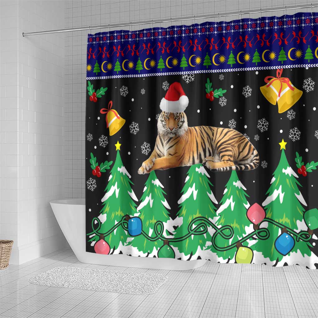 Malaysia Christmas Shower Curtain with Tiger Santa Hat Snowflakes and Holiday Tree Pattern - Wonder Print Shop
