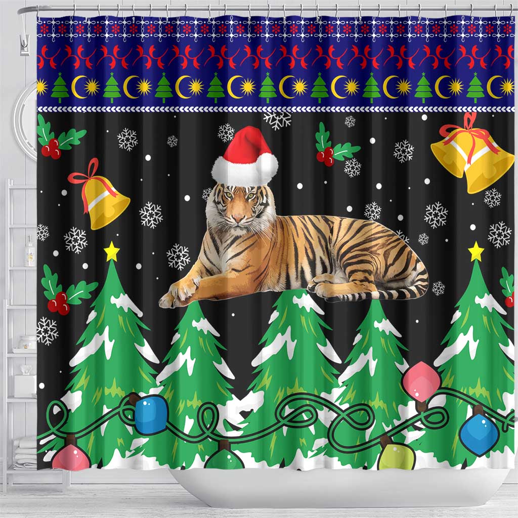 Malaysia Christmas Shower Curtain with Tiger Santa Hat Snowflakes and Holiday Tree Pattern - Wonder Print Shop