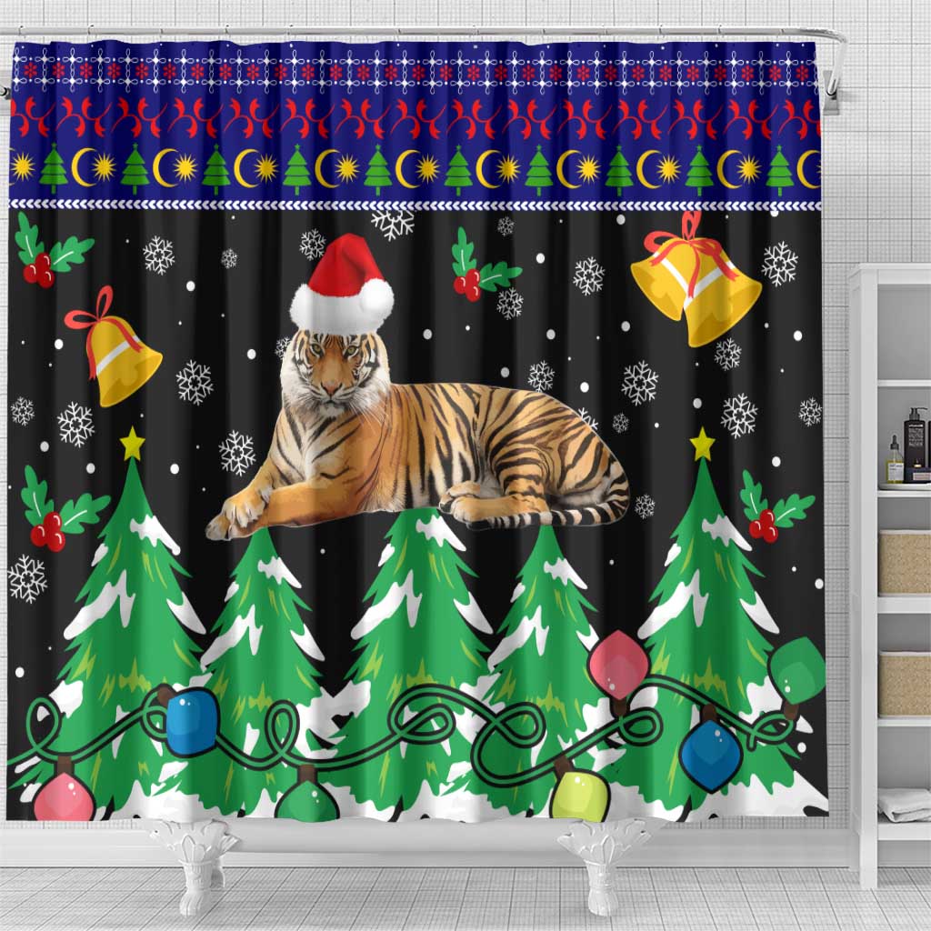 Malaysia Christmas Shower Curtain with Tiger Santa Hat Snowflakes and Holiday Tree Pattern - Wonder Print Shop