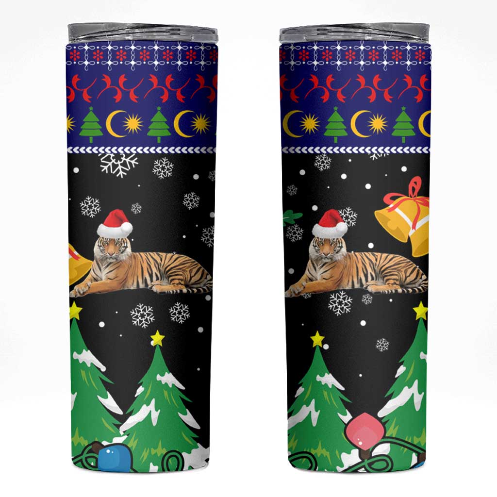 Malaysia Christmas Skinny Tumbler with Tiger Santa Hat Snowflakes and Holiday Tree Pattern - Wonder Print Shop