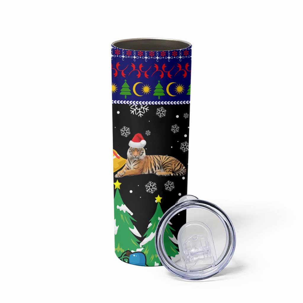 Malaysia Christmas Skinny Tumbler with Tiger Santa Hat Snowflakes and Holiday Tree Pattern - Wonder Print Shop