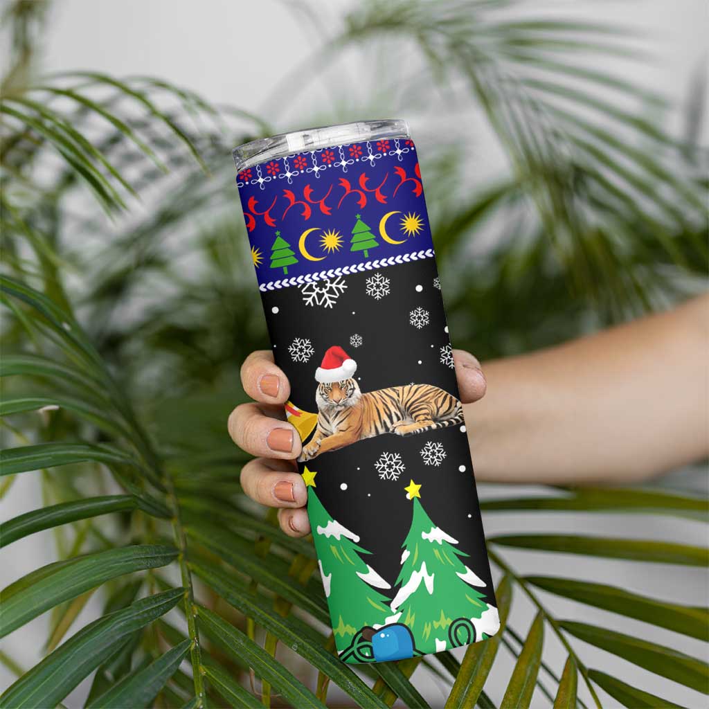 Malaysia Christmas Skinny Tumbler with Tiger Santa Hat Snowflakes and Holiday Tree Pattern - Wonder Print Shop