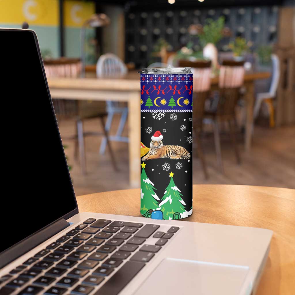 Malaysia Christmas Skinny Tumbler with Tiger Santa Hat Snowflakes and Holiday Tree Pattern - Wonder Print Shop
