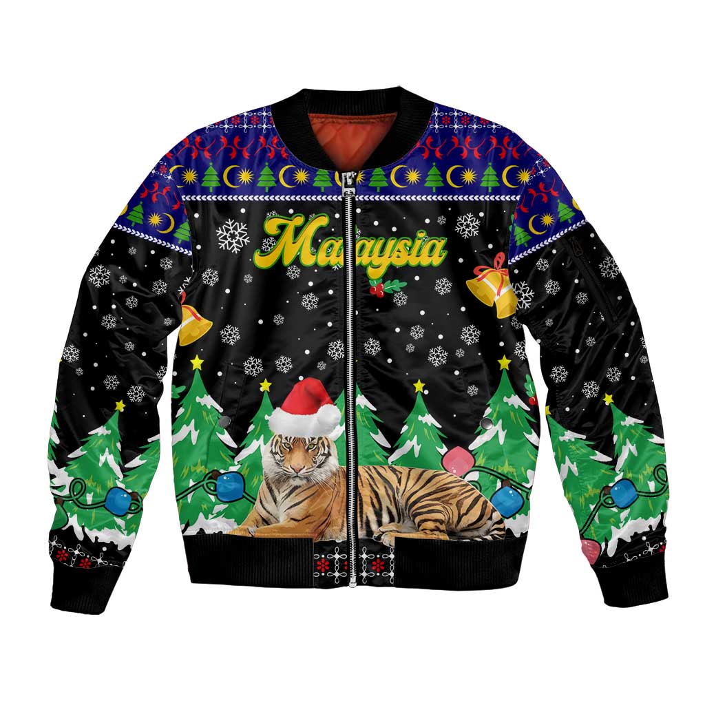 Malaysia Christmas Sleeve Zip Bomber Jacket with Tiger Santa Hat Snowflakes and Holiday Tree Pattern - Wonder Print Shop