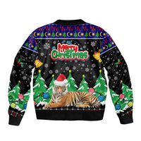 Malaysia Christmas Sleeve Zip Bomber Jacket with Tiger Santa Hat Snowflakes and Holiday Tree Pattern - Wonder Print Shop