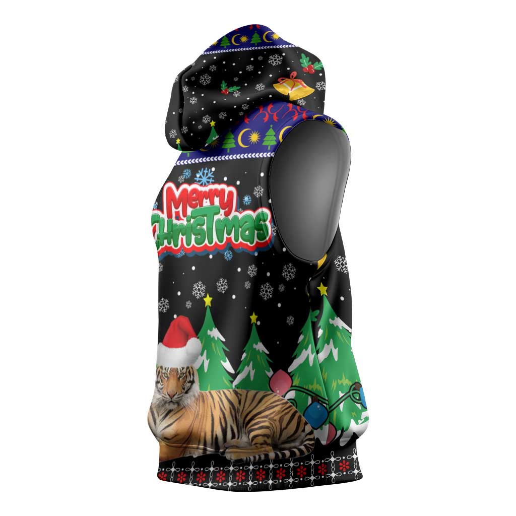 Malaysia Christmas Sleeveless Hoodie with Tiger Santa Hat Snowflakes and Holiday Tree Pattern - Wonder Print Shop