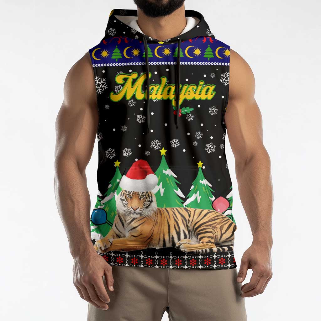 Malaysia Christmas Sleeveless Hoodie with Tiger Santa Hat Snowflakes and Holiday Tree Pattern - Wonder Print Shop