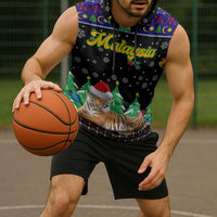 Malaysia Christmas Sleeveless Hoodie with Tiger Santa Hat Snowflakes and Holiday Tree Pattern - Wonder Print Shop
