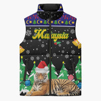 Malaysia Christmas Sleeveless Puffer Jacket with Tiger Santa Hat Snowflakes and Holiday Tree Pattern - Wonder Print Shop