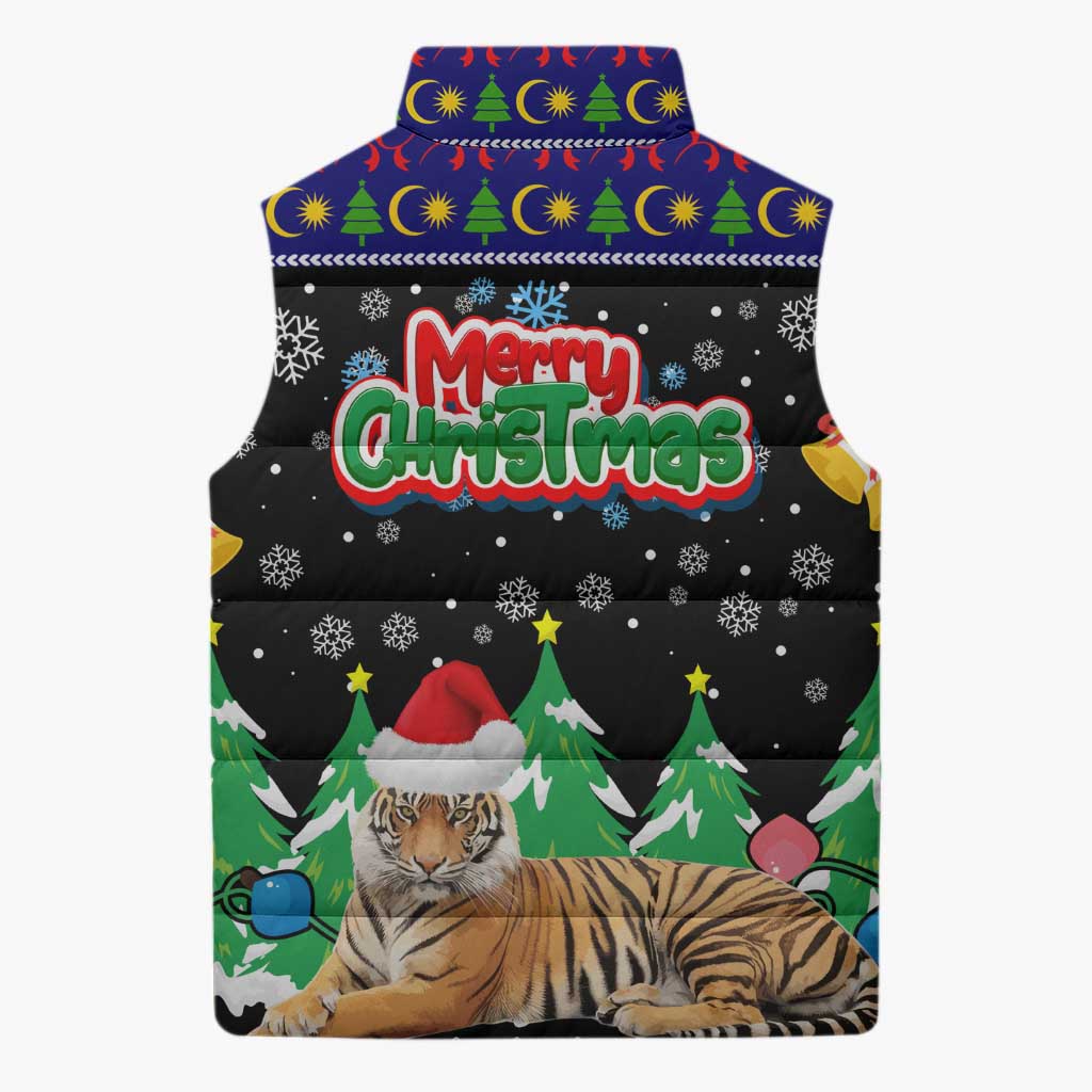 Malaysia Christmas Sleeveless Puffer Jacket with Tiger Santa Hat Snowflakes and Holiday Tree Pattern - Wonder Print Shop