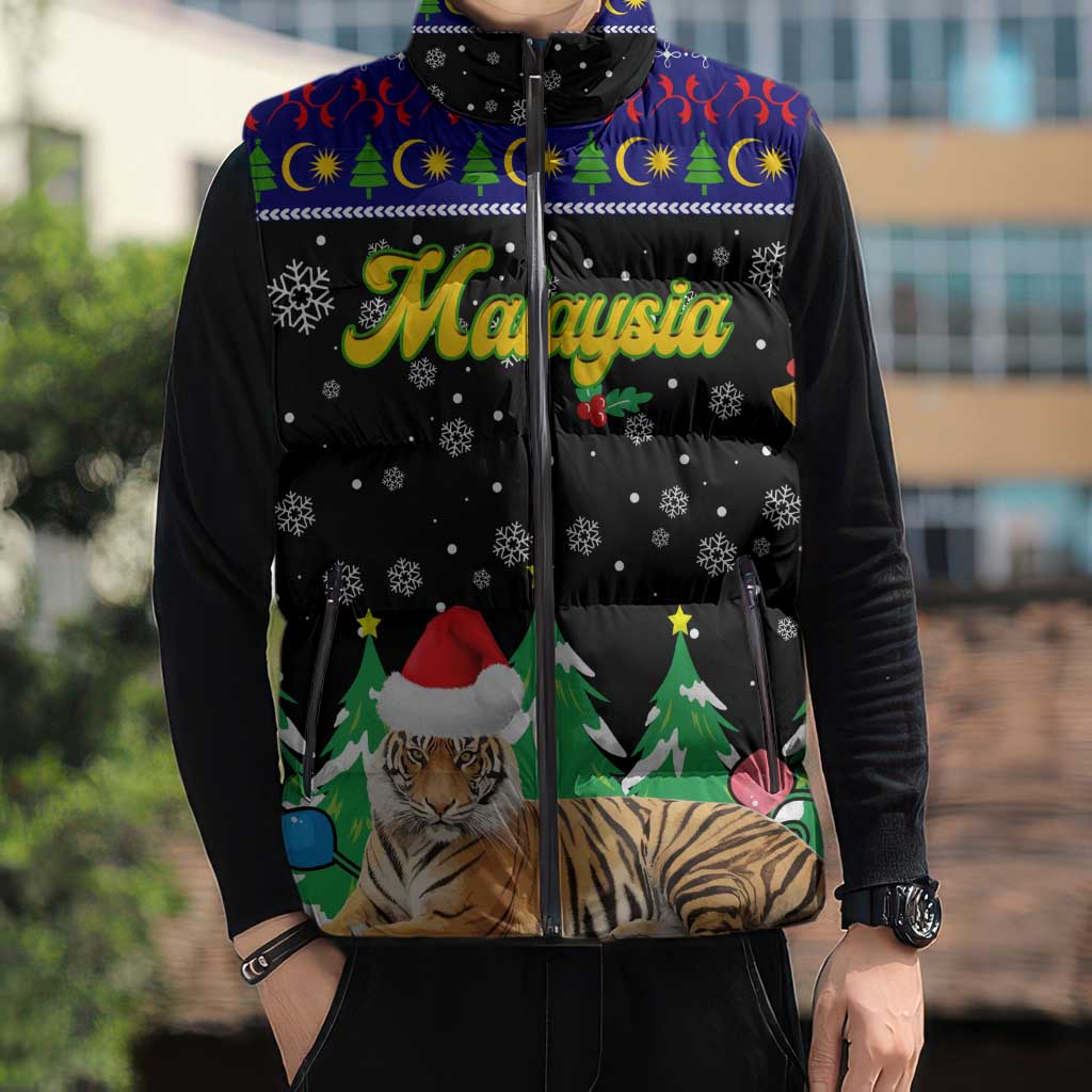 Malaysia Christmas Sleeveless Puffer Jacket with Tiger Santa Hat Snowflakes and Holiday Tree Pattern - Wonder Print Shop