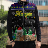 Malaysia Christmas Sleeveless Puffer Jacket with Tiger Santa Hat Snowflakes and Holiday Tree Pattern - Wonder Print Shop