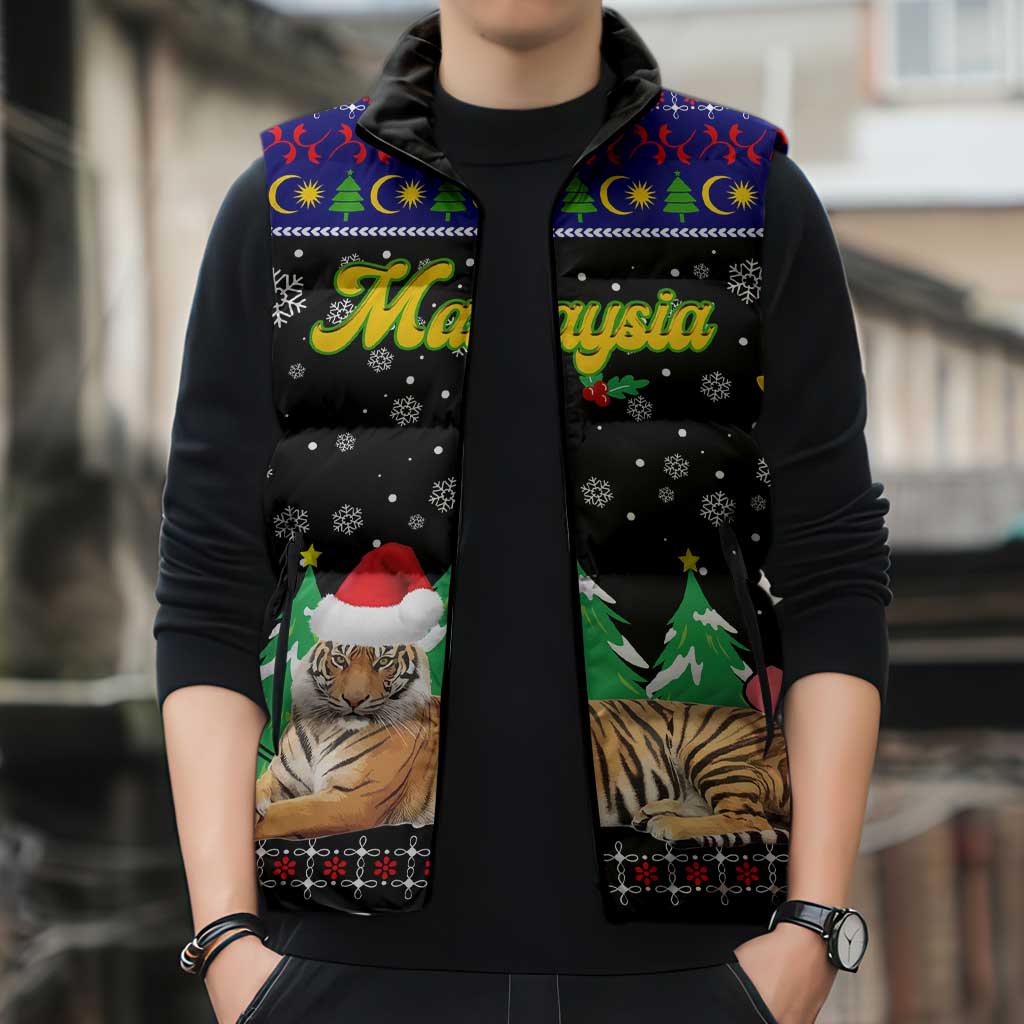 Malaysia Christmas Sleeveless Puffer Jacket with Tiger Santa Hat Snowflakes and Holiday Tree Pattern - Wonder Print Shop