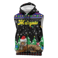 Malaysia Christmas Sleeveless Zip Hoodie with Tiger Santa Hat Snowflakes and Holiday Tree Pattern - Wonder Print Shop