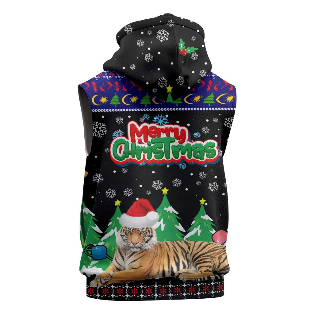 Malaysia Christmas Sleeveless Zip Hoodie with Tiger Santa Hat Snowflakes and Holiday Tree Pattern - Wonder Print Shop