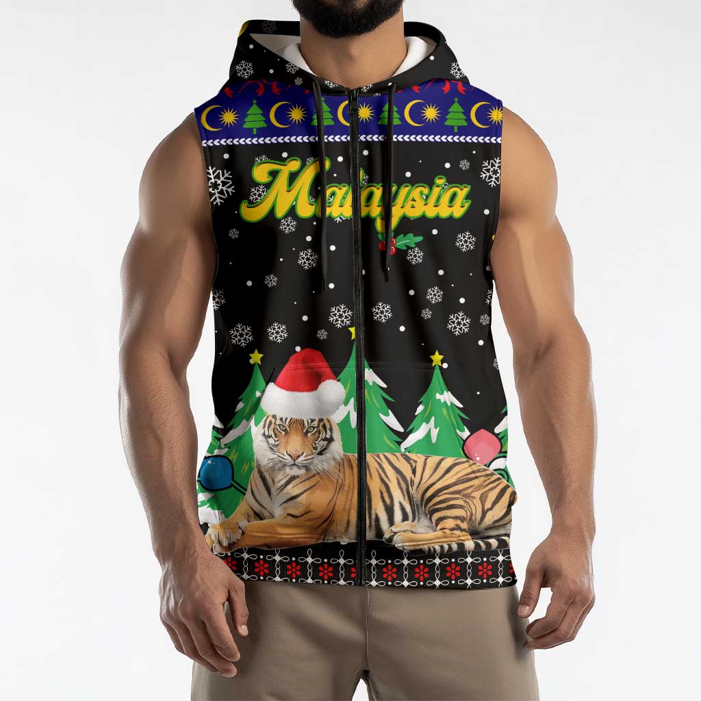 Malaysia Christmas Sleeveless Zip Hoodie with Tiger Santa Hat Snowflakes and Holiday Tree Pattern - Wonder Print Shop