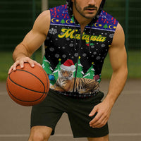 Malaysia Christmas Sleeveless Zip Hoodie with Tiger Santa Hat Snowflakes and Holiday Tree Pattern - Wonder Print Shop
