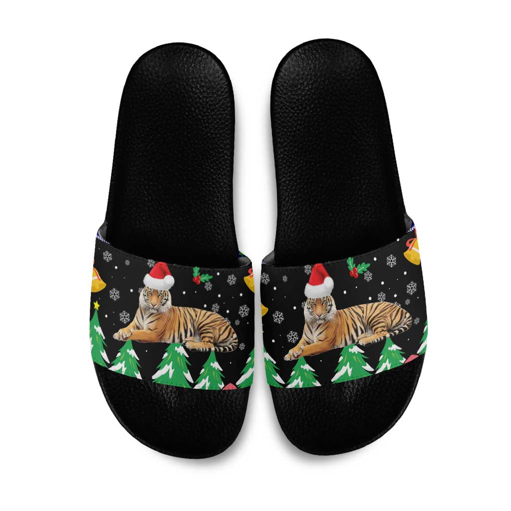 Malaysia Christmas Slide Sandals with Tiger Santa Hat Snowflakes and Holiday Tree Pattern - Wonder Print Shop