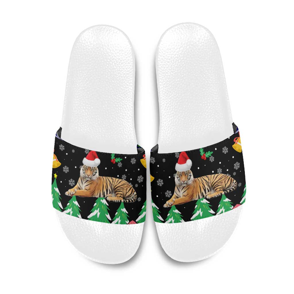 Malaysia Christmas Slide Sandals with Tiger Santa Hat Snowflakes and Holiday Tree Pattern - Wonder Print Shop