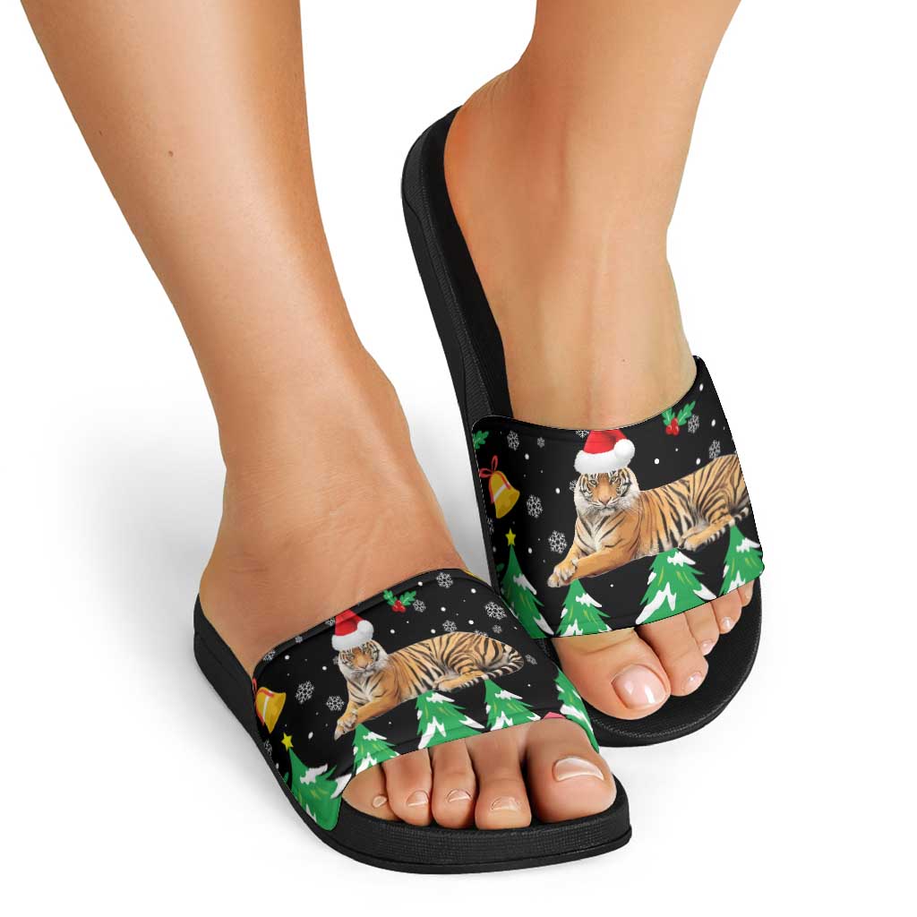 Malaysia Christmas Slide Sandals with Tiger Santa Hat Snowflakes and Holiday Tree Pattern - Wonder Print Shop