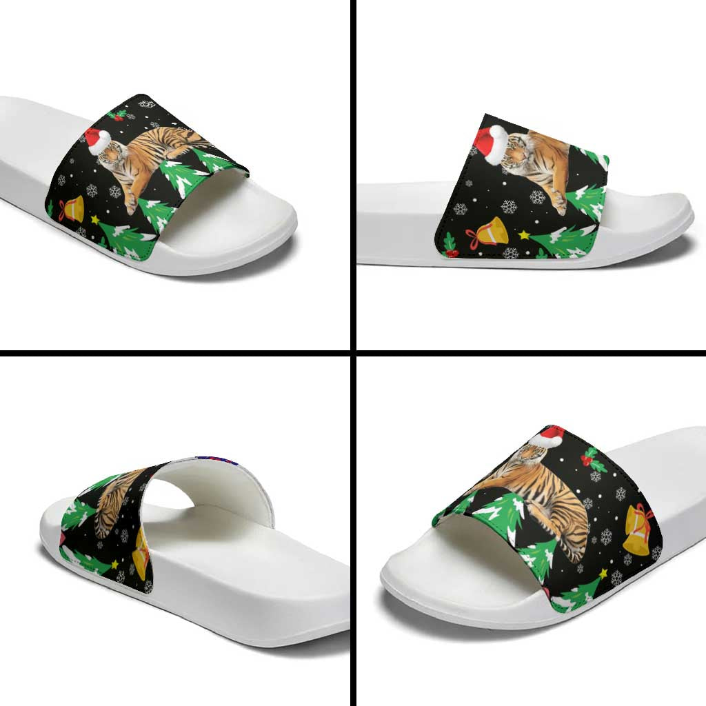Malaysia Christmas Slide Sandals with Tiger Santa Hat Snowflakes and Holiday Tree Pattern - Wonder Print Shop