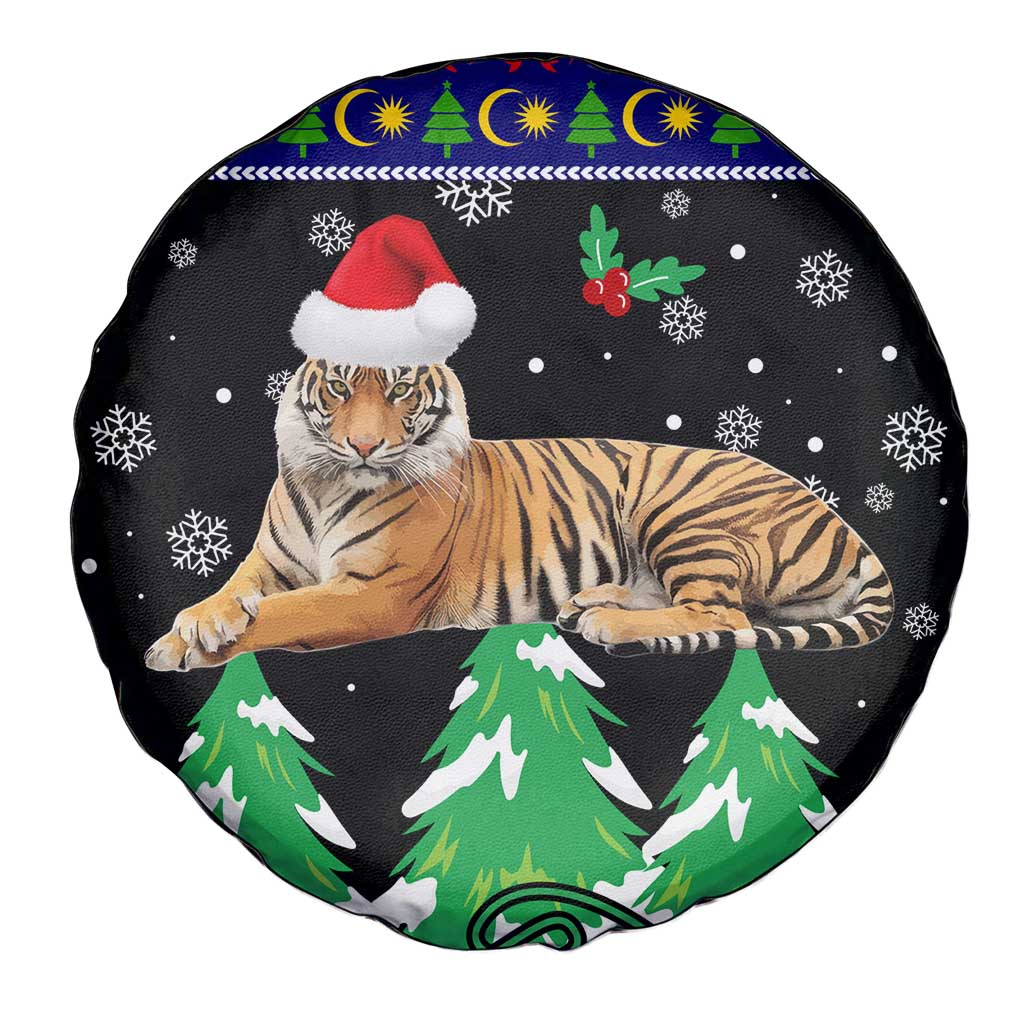 Malaysia Christmas Spare Tire Cover with Tiger Santa Hat Snowflakes and Holiday Tree Pattern - Wonder Print Shop