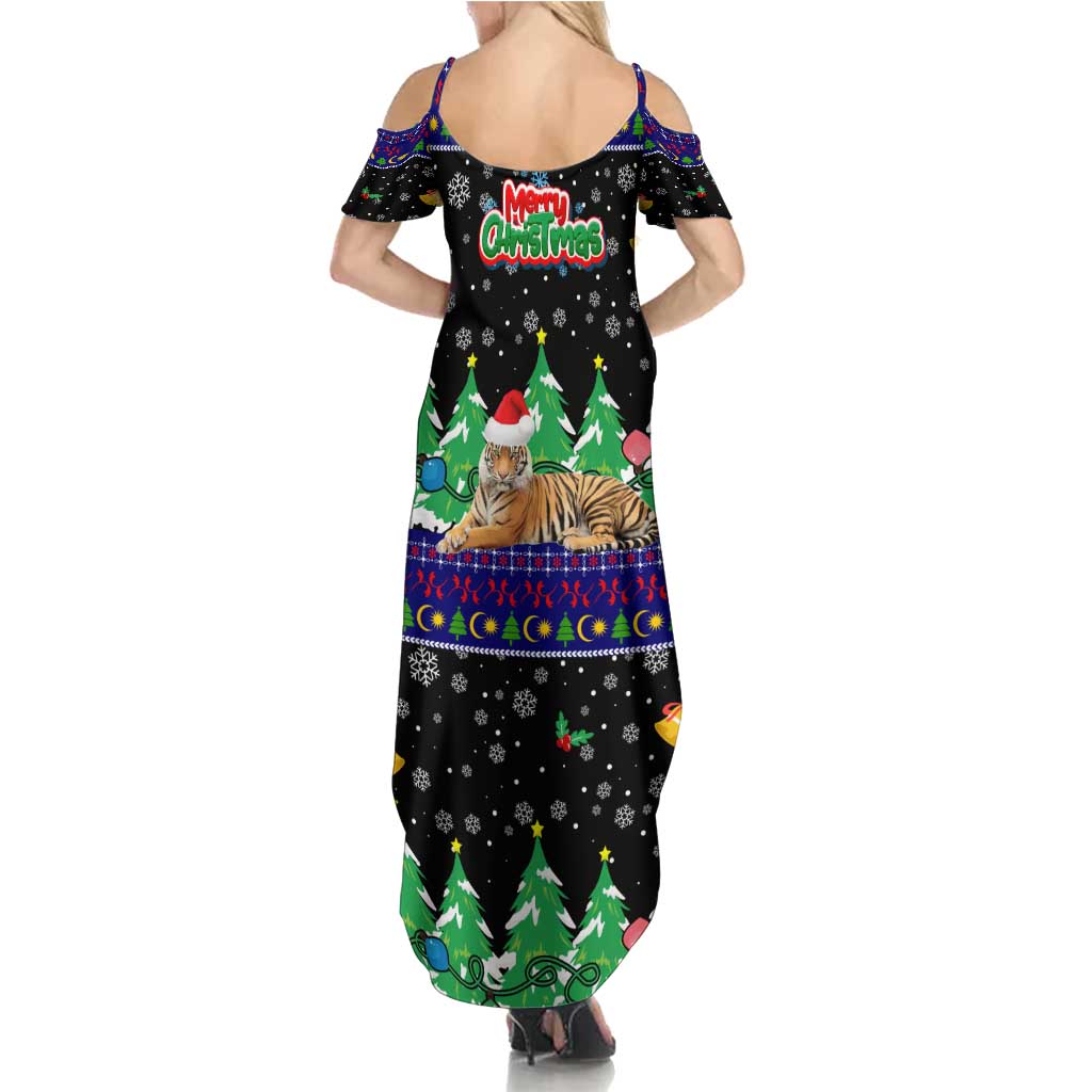 Malaysia Christmas Summer Maxi Dress with Tiger Santa Hat Snowflakes and Holiday Tree Pattern - Wonder Print Shop