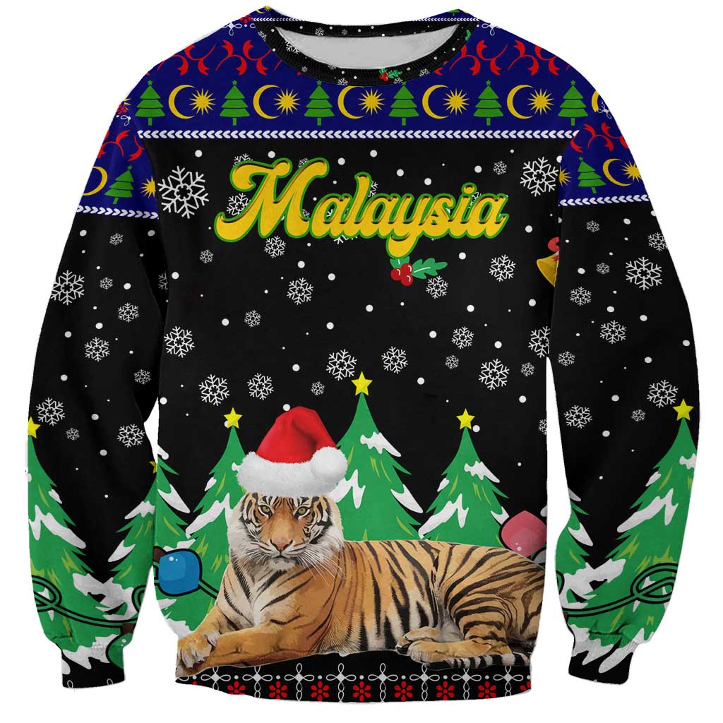 Malaysia Christmas Sweatshirt with Tiger Santa Hat Snowflakes and Holiday Tree Pattern - Wonder Print Shop