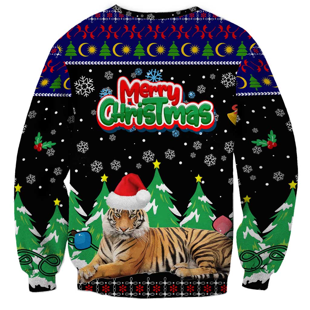 Malaysia Christmas Sweatshirt with Tiger Santa Hat Snowflakes and Holiday Tree Pattern - Wonder Print Shop