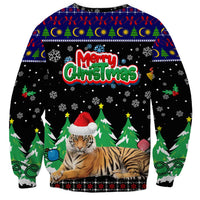 Malaysia Christmas Sweatshirt with Tiger Santa Hat Snowflakes and Holiday Tree Pattern - Wonder Print Shop