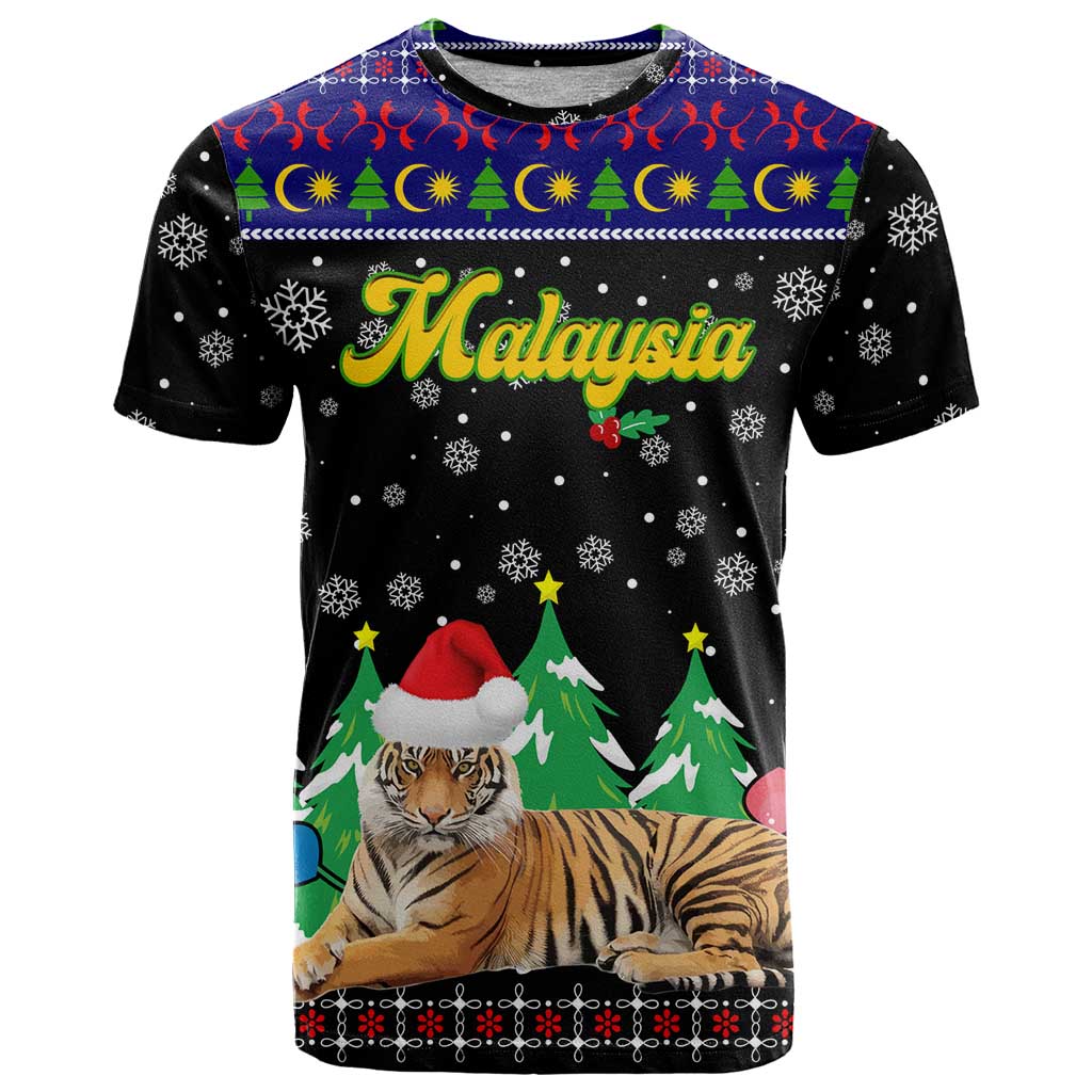 Malaysia Christmas T Shirt with Tiger Santa Hat Snowflakes and Holiday Tree Pattern - Wonder Print Shop