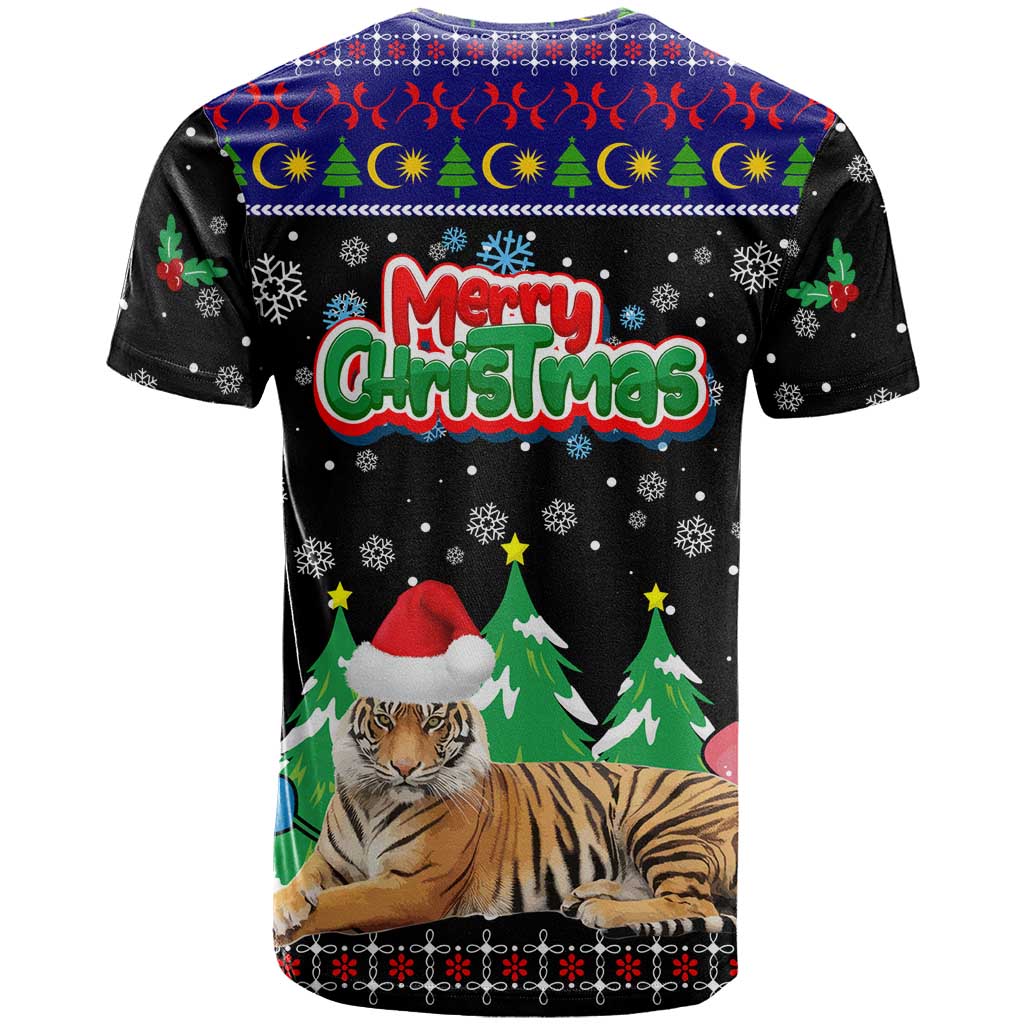 Malaysia Christmas T Shirt with Tiger Santa Hat Snowflakes and Holiday Tree Pattern - Wonder Print Shop