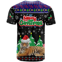 Malaysia Christmas T Shirt with Tiger Santa Hat Snowflakes and Holiday Tree Pattern - Wonder Print Shop