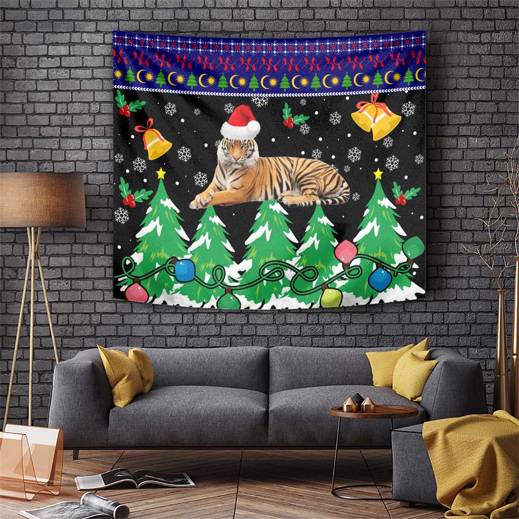 Malaysia Christmas Tapestry with Tiger Santa Hat Snowflakes and Holiday Tree Pattern - Wonder Print Shop