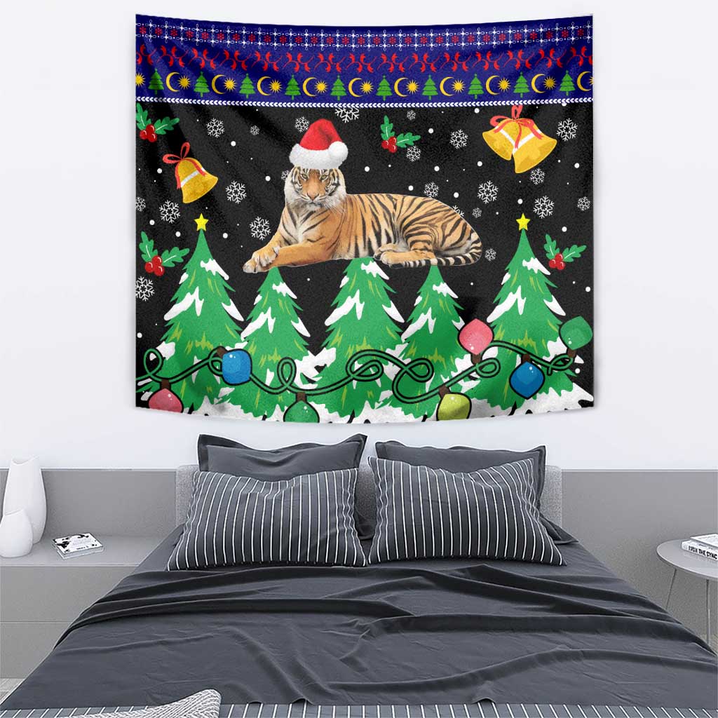 Malaysia Christmas Tapestry with Tiger Santa Hat Snowflakes and Holiday Tree Pattern - Wonder Print Shop