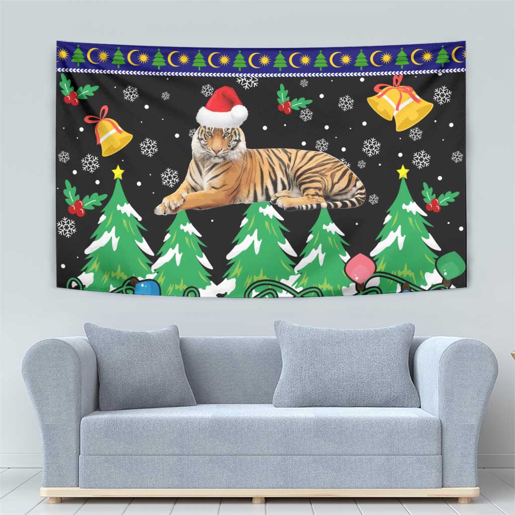 Malaysia Christmas Tapestry with Tiger Santa Hat Snowflakes and Holiday Tree Pattern - Wonder Print Shop