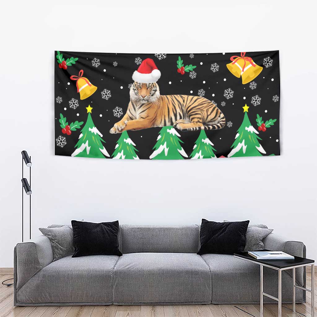 Malaysia Christmas Tapestry with Tiger Santa Hat Snowflakes and Holiday Tree Pattern - Wonder Print Shop