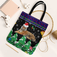 Malaysia Christmas Tote Bag with Tiger Santa Hat Snowflakes and Holiday Tree Pattern - Wonder Print Shop