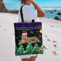 Malaysia Christmas Tote Bag with Tiger Santa Hat Snowflakes and Holiday Tree Pattern - Wonder Print Shop