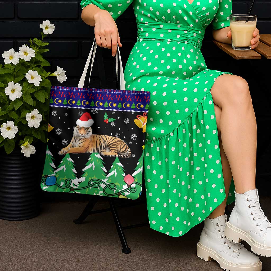 Malaysia Christmas Tote Bag with Tiger Santa Hat Snowflakes and Holiday Tree Pattern - Wonder Print Shop