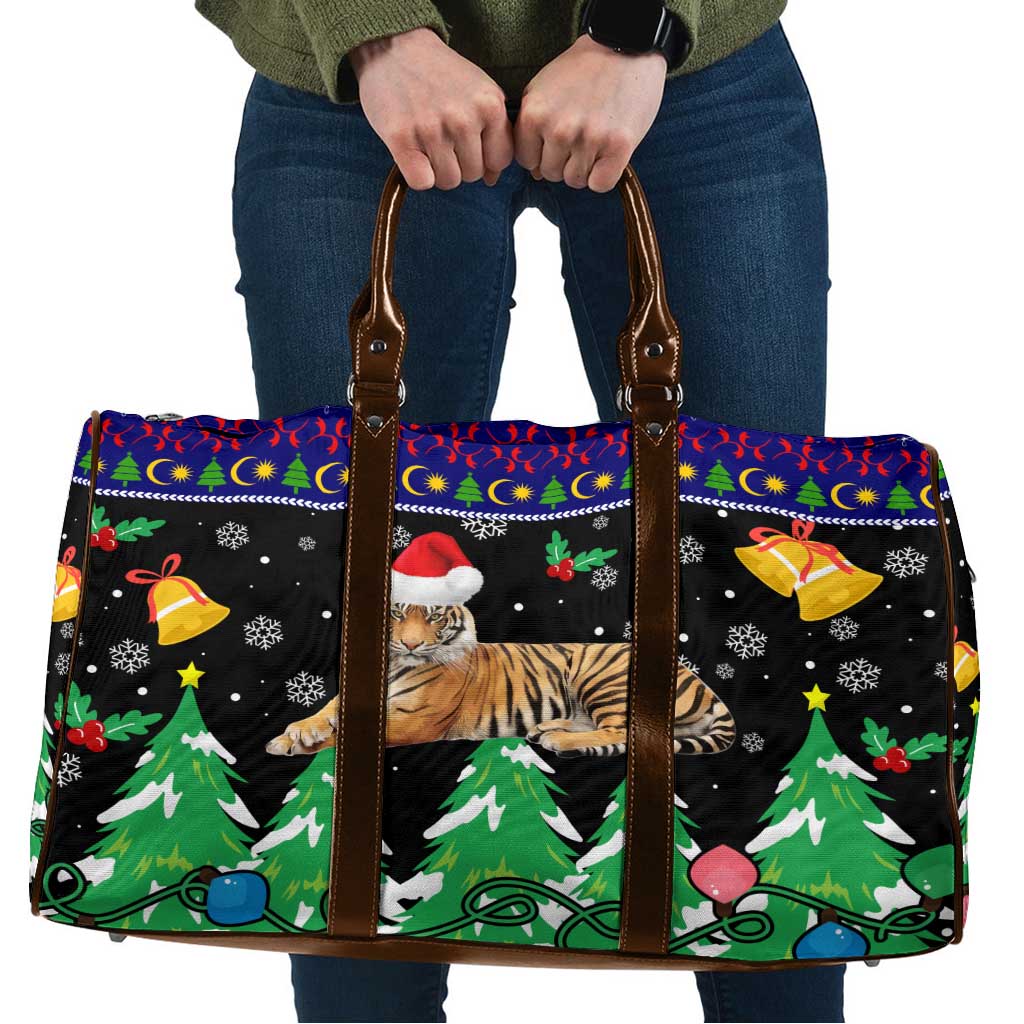 Malaysia Christmas Travel Bag with Tiger Santa Hat Snowflakes and Holiday Tree Pattern - Wonder Print Shop