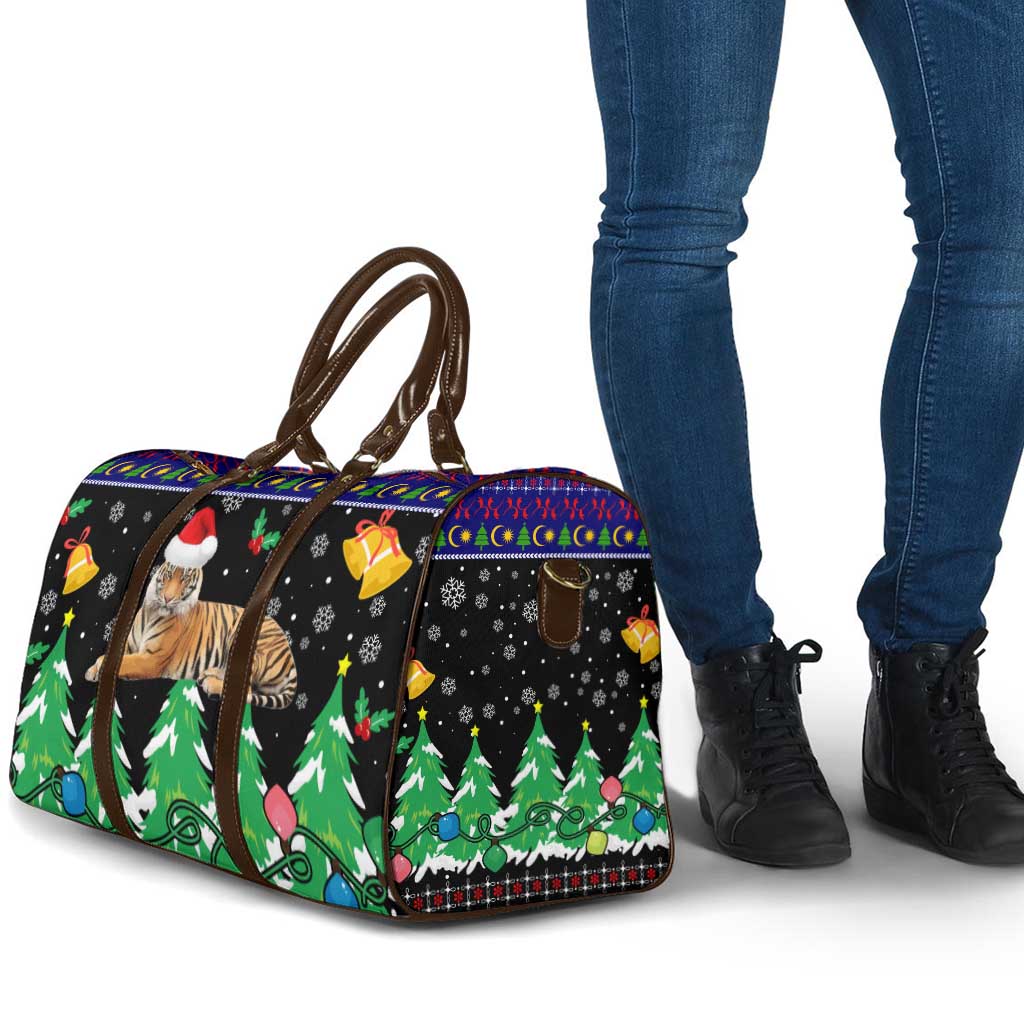 Malaysia Christmas Travel Bag with Tiger Santa Hat Snowflakes and Holiday Tree Pattern - Wonder Print Shop